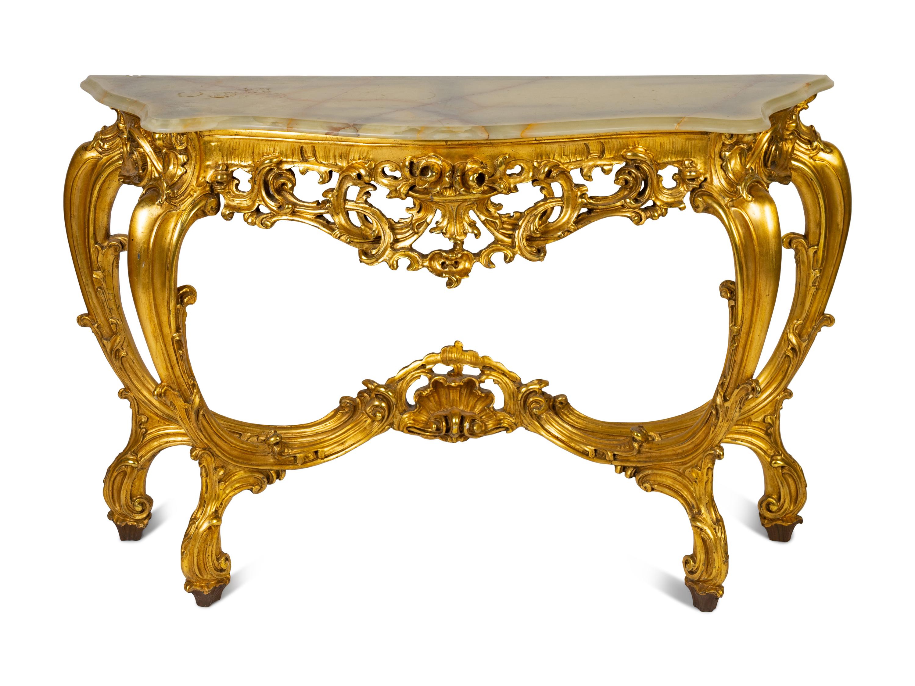 A Louis XV Style Giltwood Onyx-Top Console Table