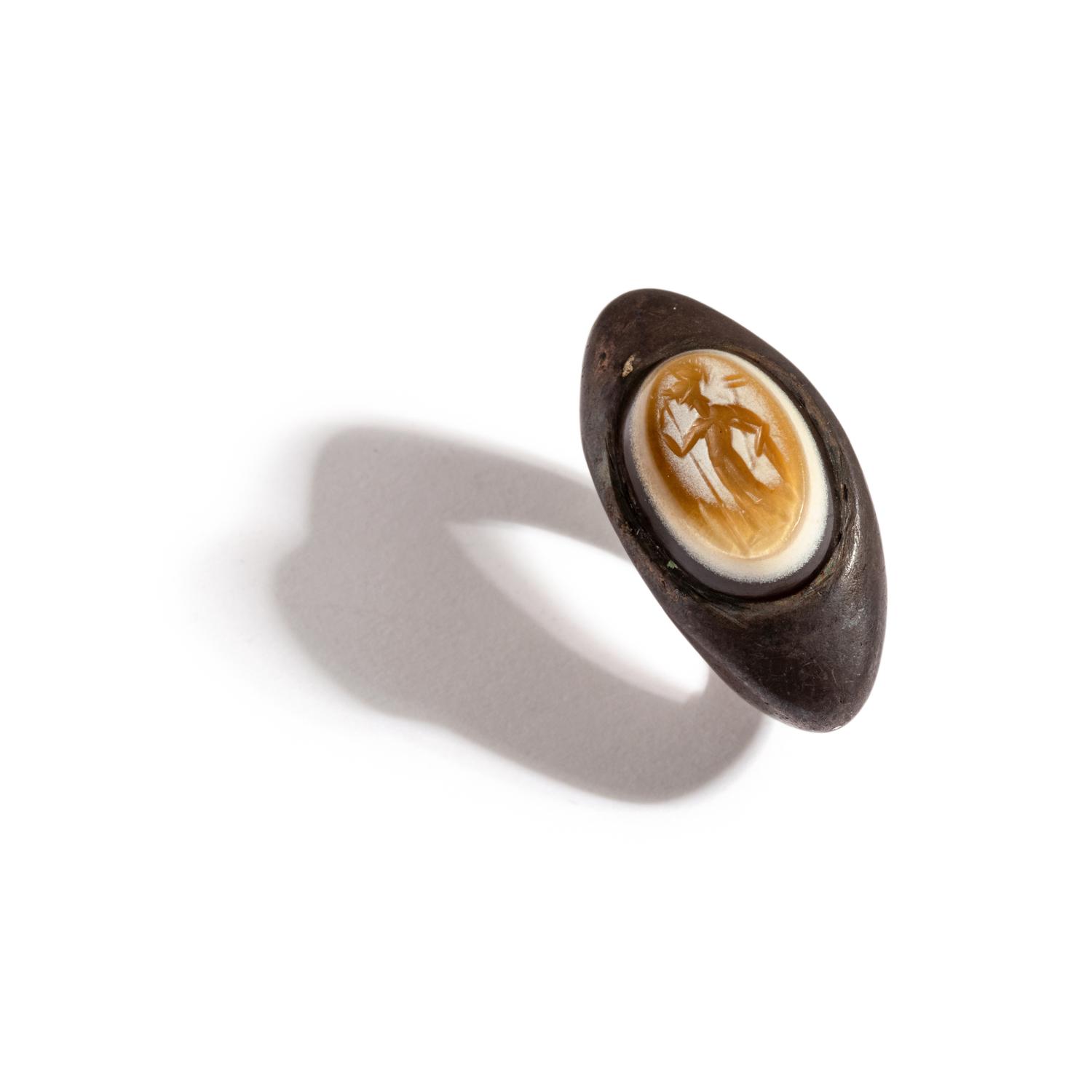 A Roman Agate and Silver Finger Ring with the Goddess Minerva