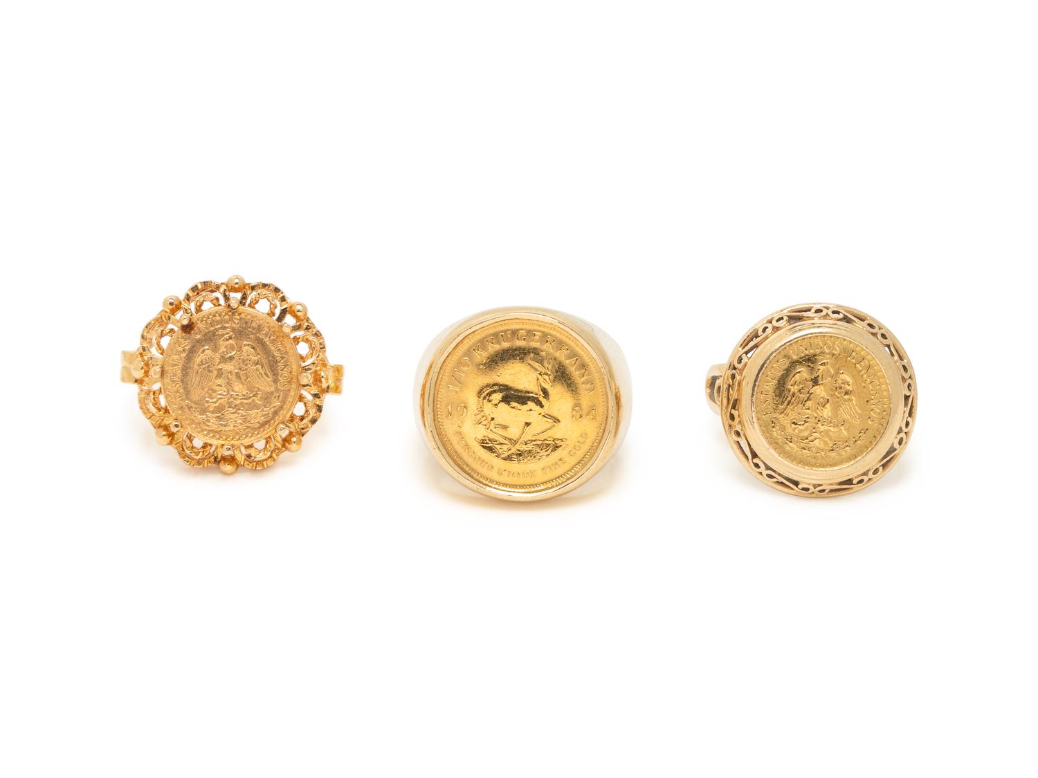 COLLECTION OF YELLOW GOLD AND COIN RINGS