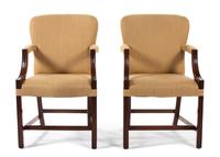 A Pair of George III Style Upholstered Mahogany Armchairs
