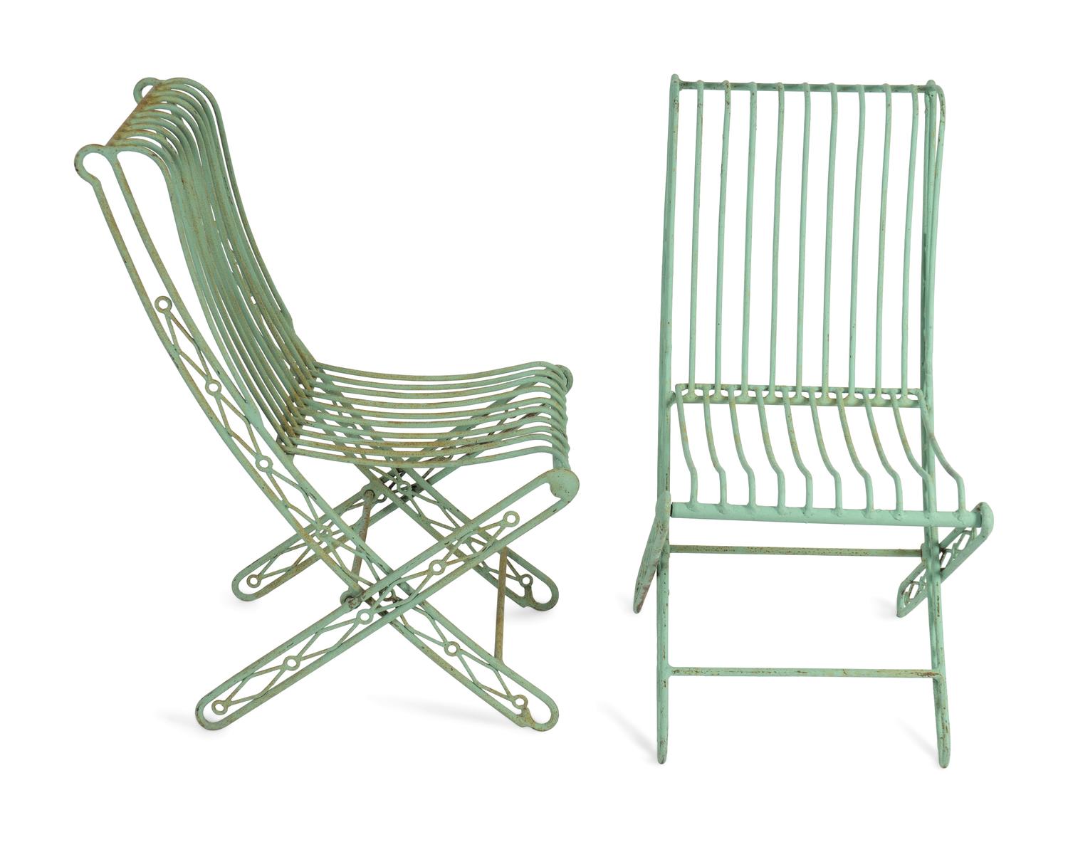 A Set of Four Green Painted Wrought Iron Folding Chairs and Two Folding Metal Armchairs — 20TH CENTURY