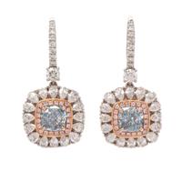 A Pair of 18 Karat Bicolor Gold, Fancy Green-Blue Diamond, Fancy Greenish Blue Diamond, and Diamond Earrings, 3.90 dwts.