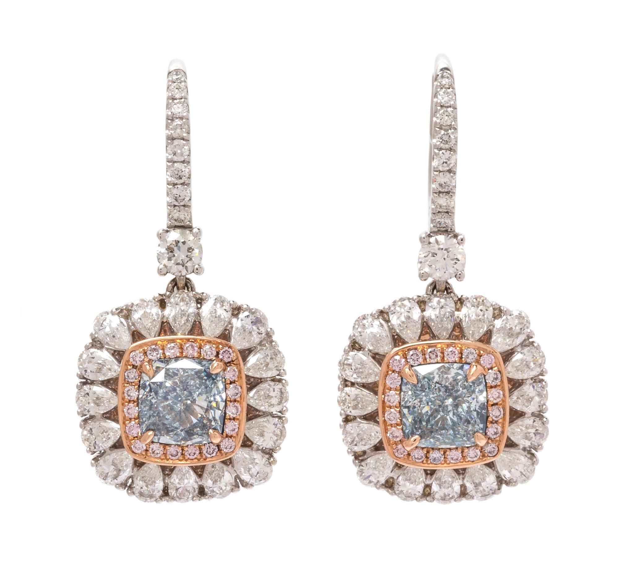 A Pair of 18 Karat Bicolor Gold, Fancy Green-Blue Diamond, Fancy Greenish Blue Diamond, and Diamond Earrings, 3.90 dwts.