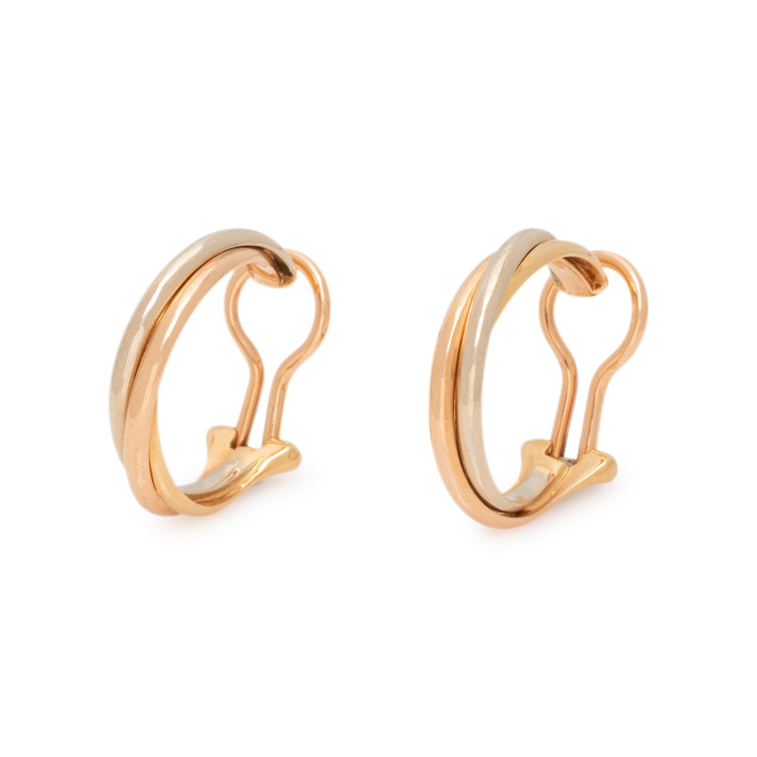 CARTIER, TRICOLOR GOLD 'TRINITY' HOOP EARCLIPS