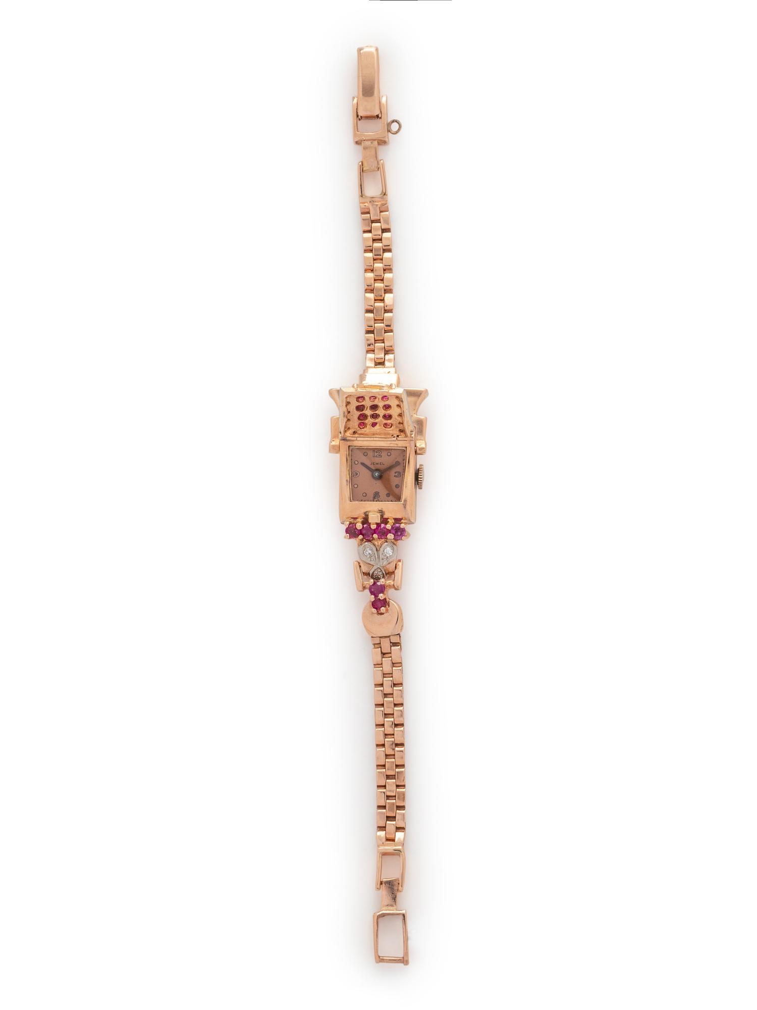 RETRO, 14K PINK GOLD, RUBY AND DIAMOND SURPRISE WRISTWATCH