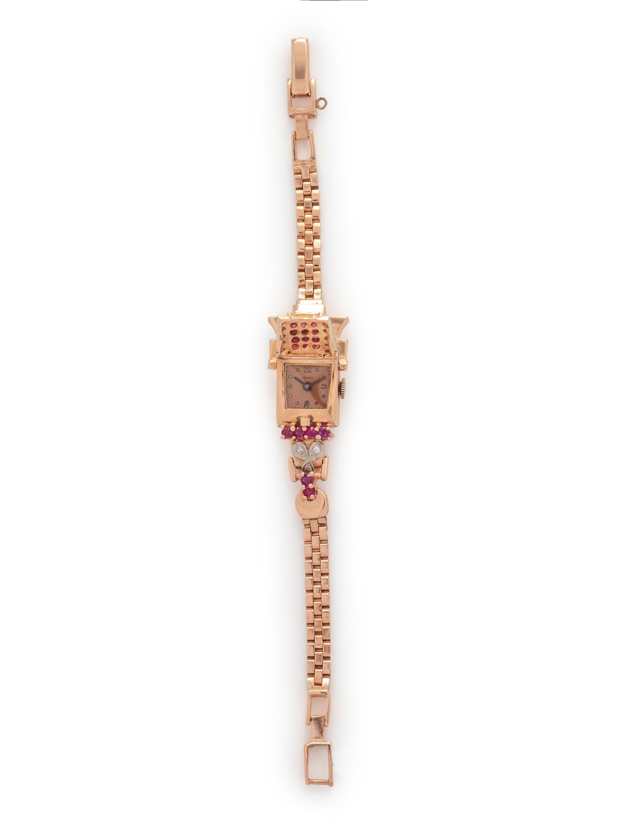RETRO, 14K PINK GOLD, RUBY AND DIAMOND SURPRISE WRISTWATCH