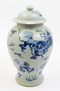 A Pair of Blue and White Porcelain Jars and Covers Height 17 1/2 inches.
