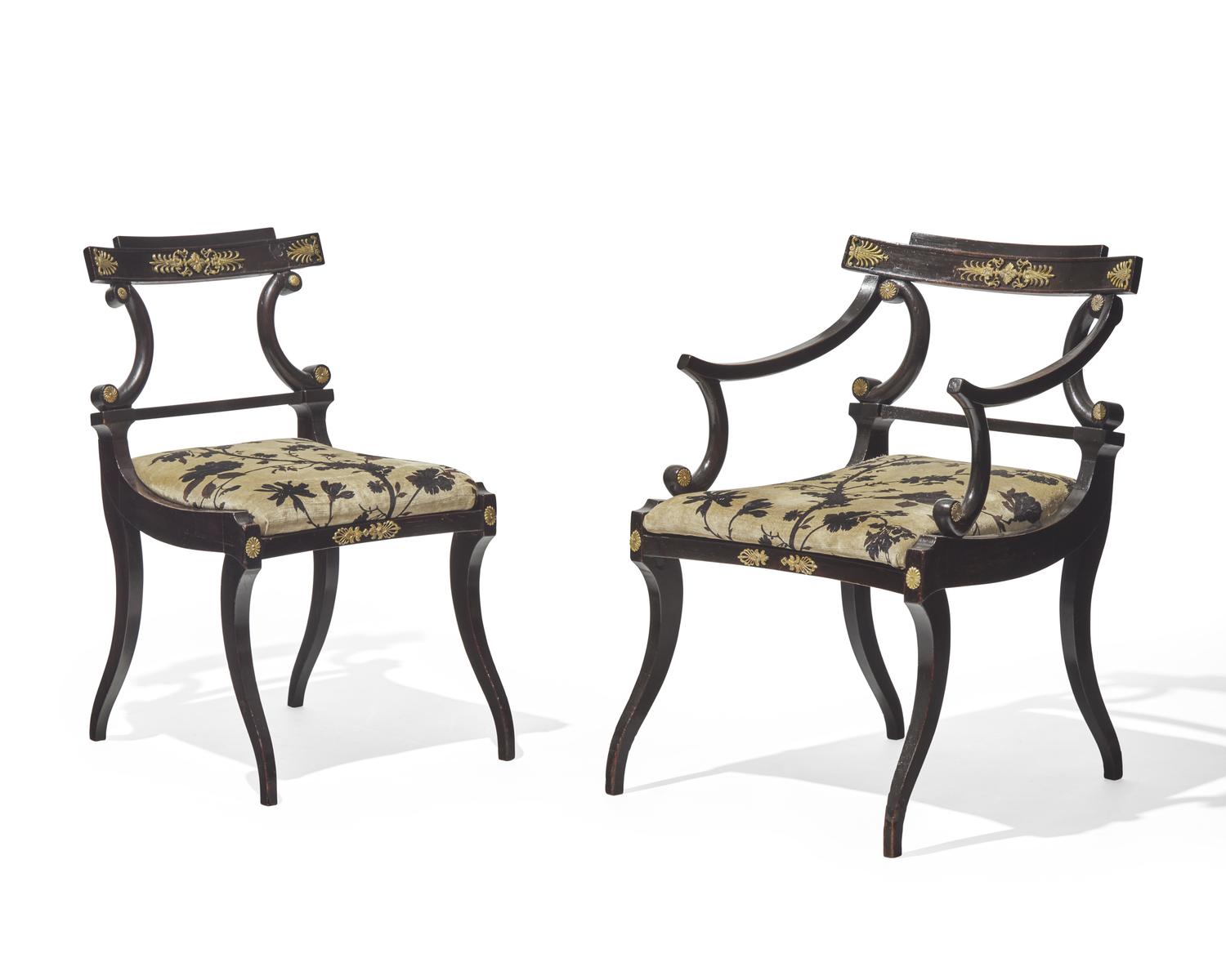 A set of eight Neoclassical gilt-bronze mounted ebonized dining chairs, possibly Baltic Region, circa 1820