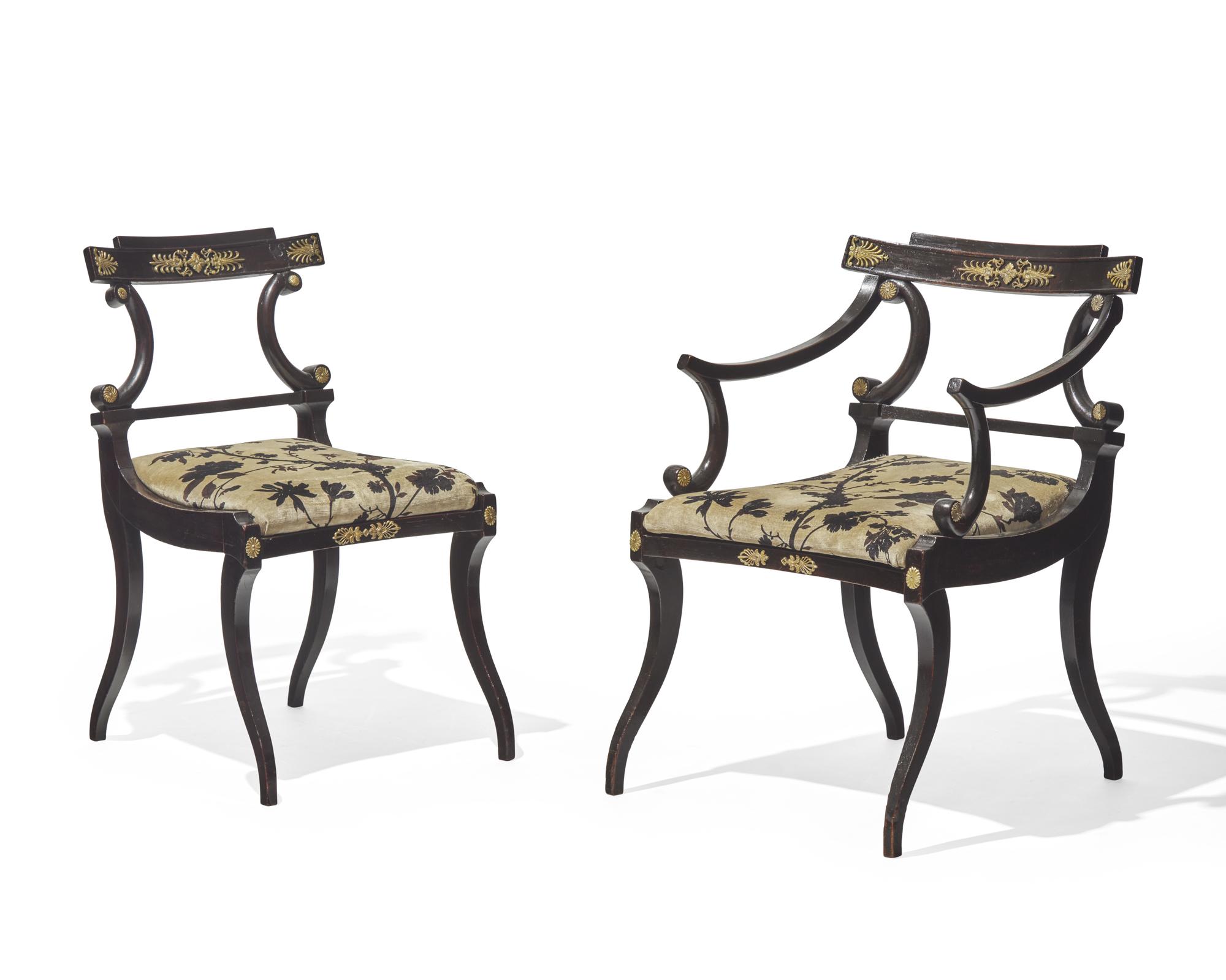A set of eight Neoclassical gilt-bronze mounted ebonized dining chairs, possibly Baltic Region, circa 1820