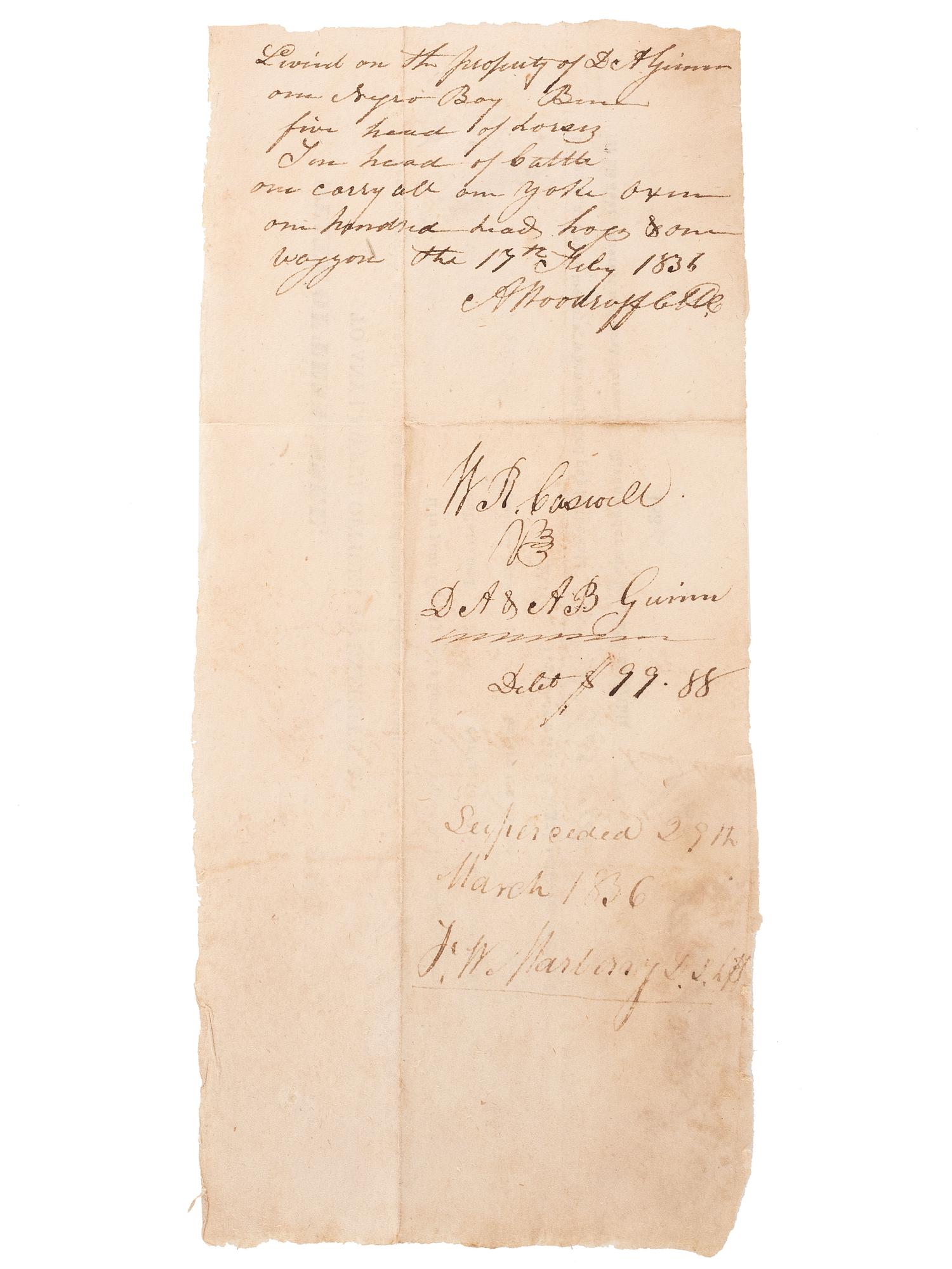 [SLAVERY & ABOLITION]. A group of 4 documents related to the enslavement of individuals in Tennessee, comprising: