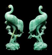 A Pair of Chinese Green Quartz Figures of Cranes