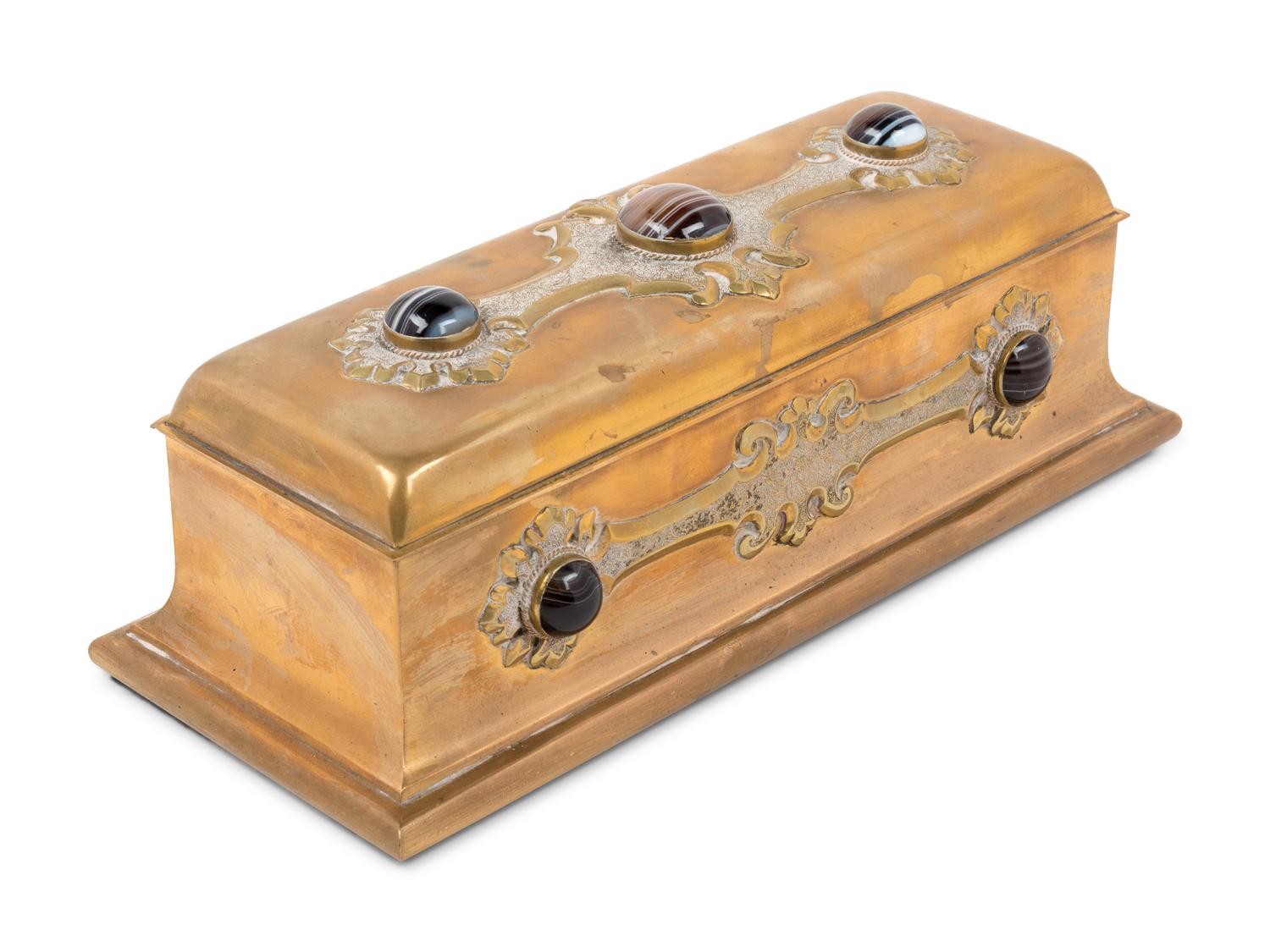 A Continental Agate-Inset Brass Box