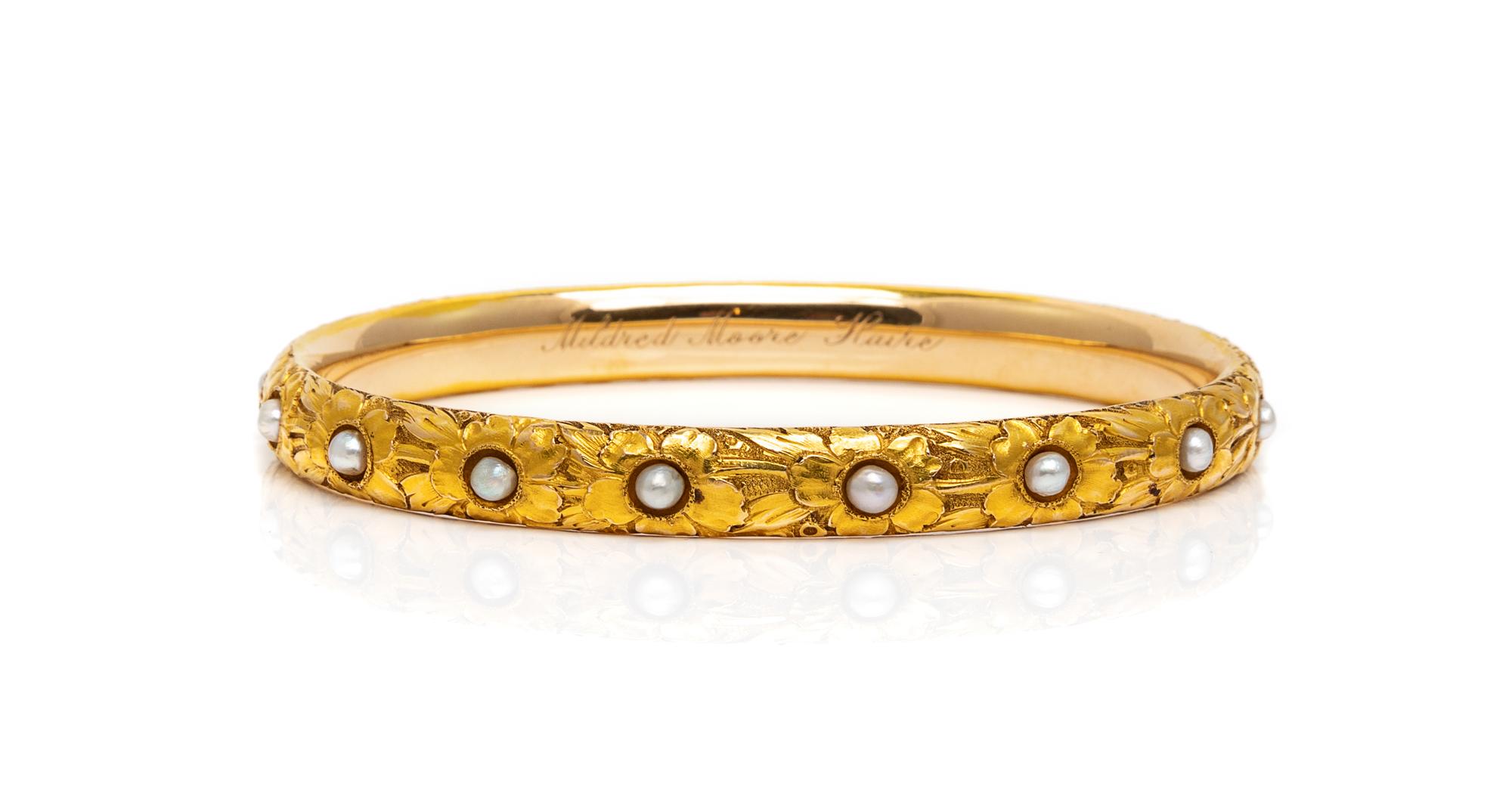 An Art Nouveau 14 Karat Yellow Gold and Cultured Pearl Bangle Bracelet, Carter, Gough & Co., 8.80 dwts.