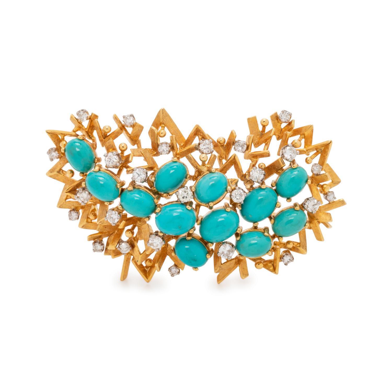 YELLOW GOLD, SYNTHETIC TURQUOISE AND DIAMOND BROOCH