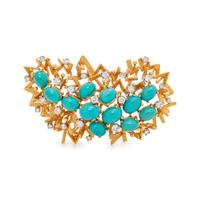 YELLOW GOLD, SYNTHETIC TURQUOISE AND DIAMOND BROOCH