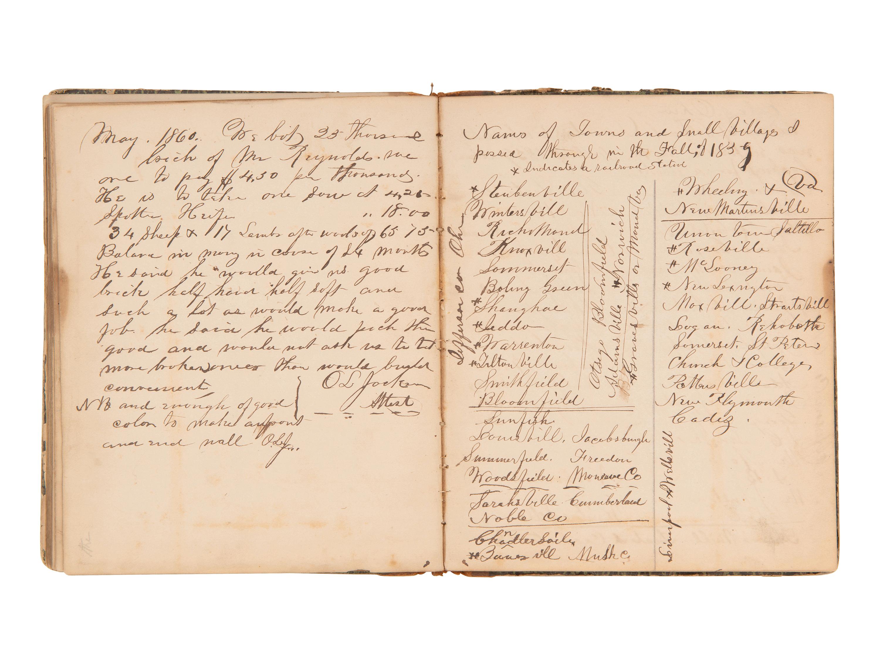 JACKSON, Col. Oscar L. (1840-1920). Five journals, incl. descriptions of Oscar L. Jackson's political activism during the 1860 campaign and his service with 63rd OVI, with campaign broadside noting Jackson as a speaker.