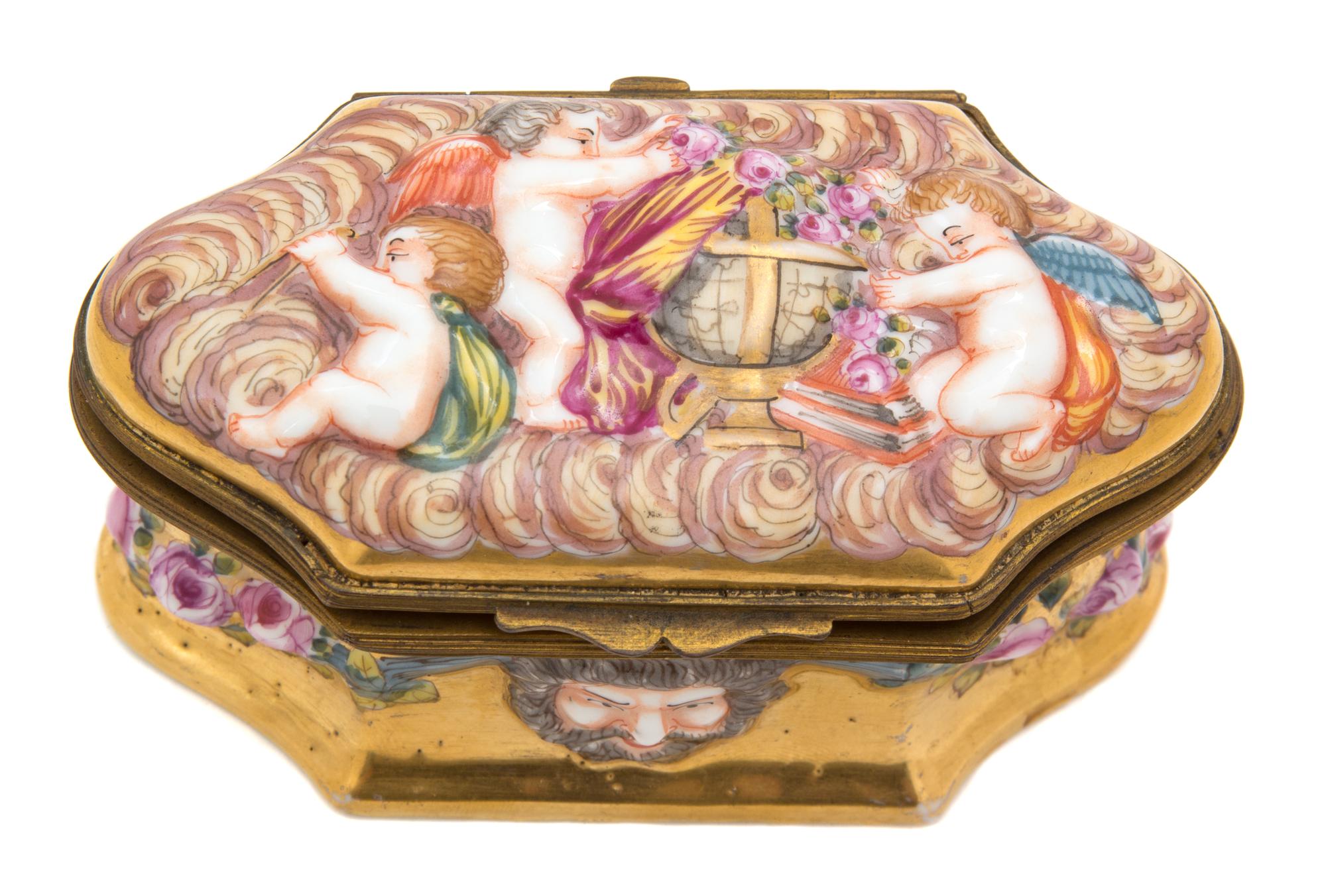 An Italian Capodimonte Brass Mounted Cartouche Form Porcelain Box — 19TH CENTURY