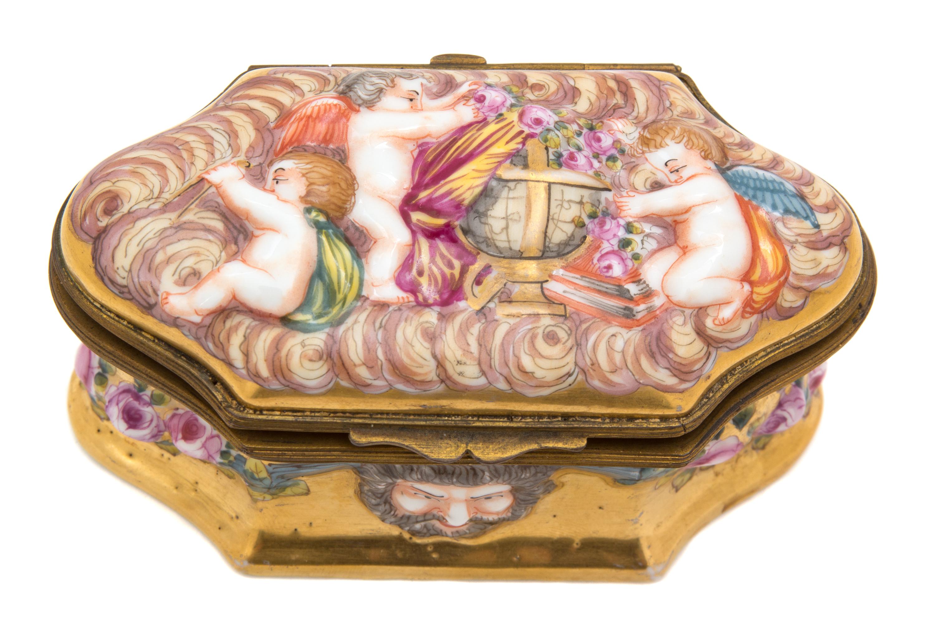 An Italian Capodimonte Brass Mounted Cartouche Form Porcelain Box — 19TH CENTURY