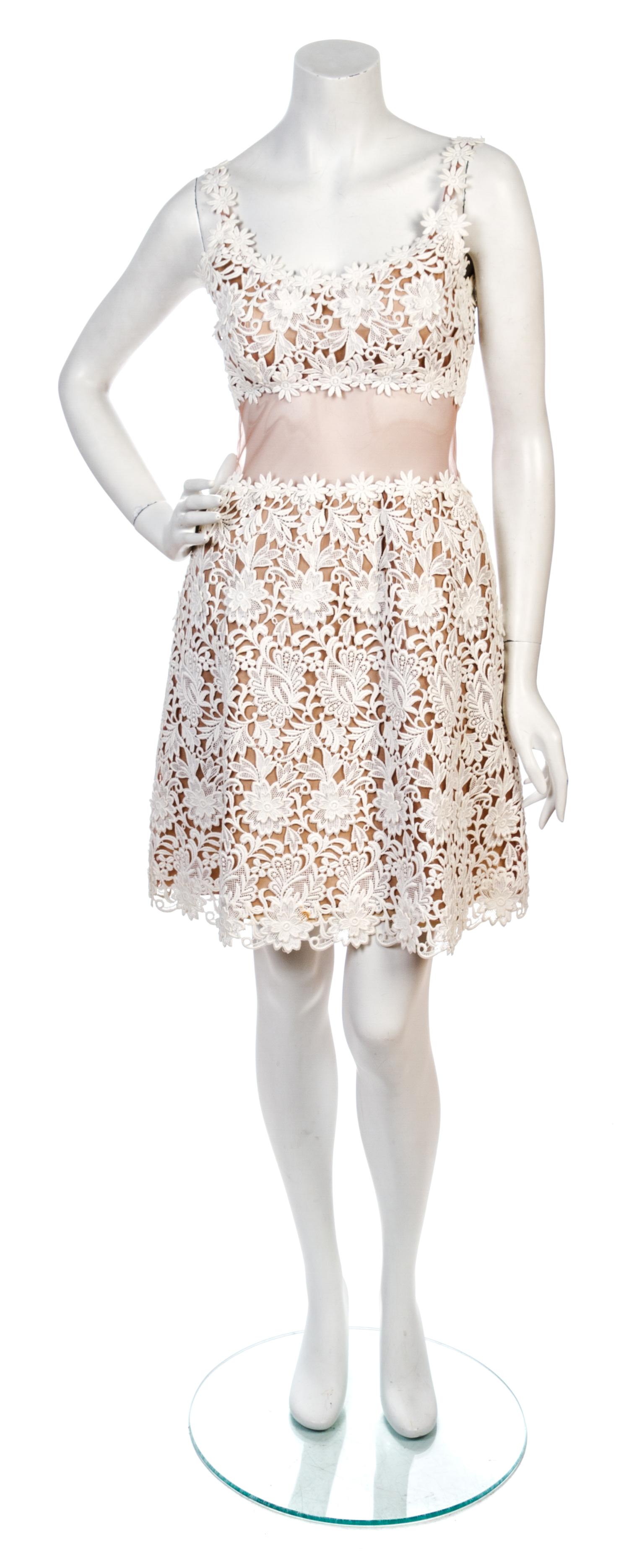 A Mollie Parnis White Floral Lace Dress,