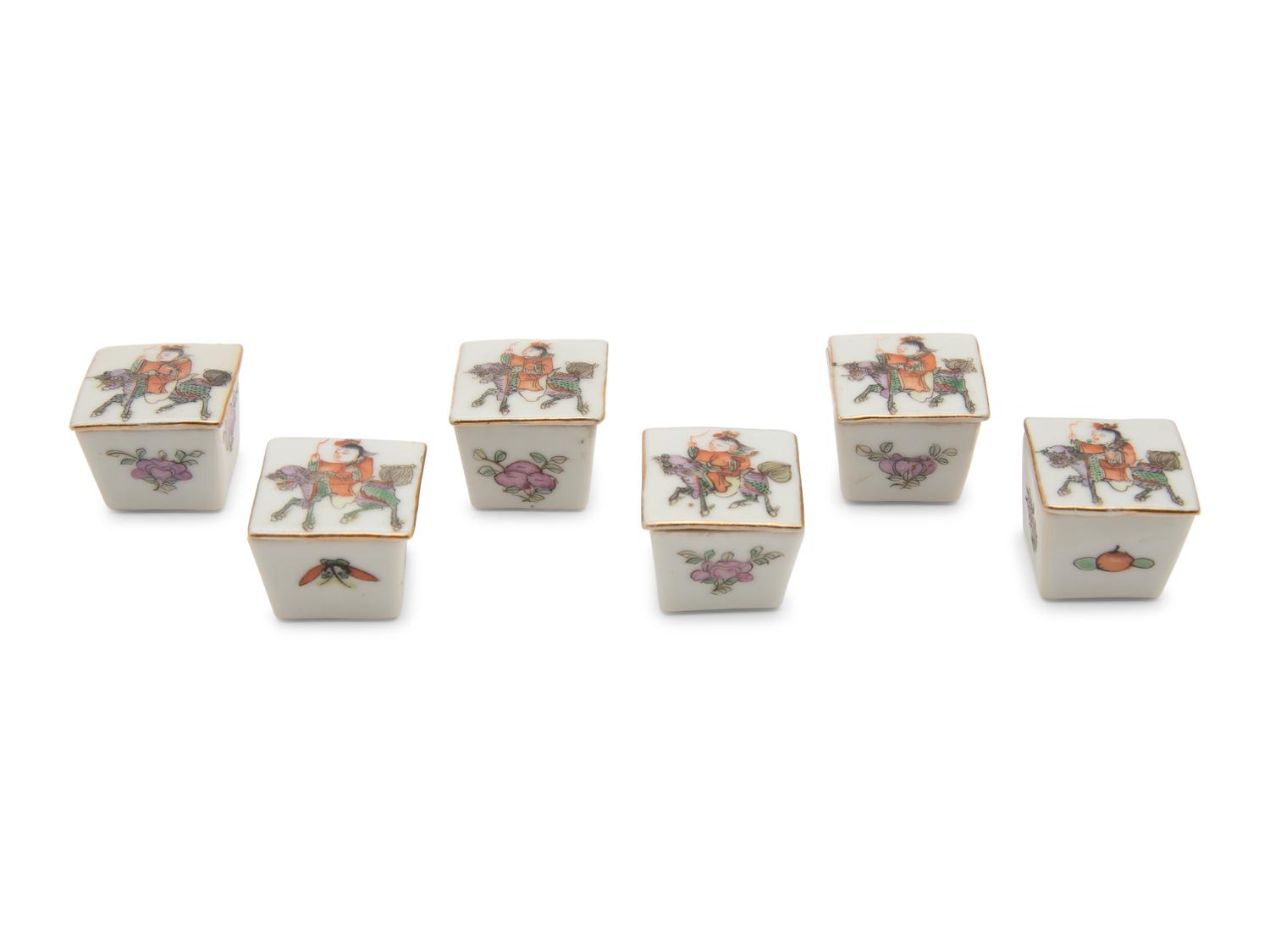 A Set of Six Small Chinese Famille Rose Porcelain Covered Boxes