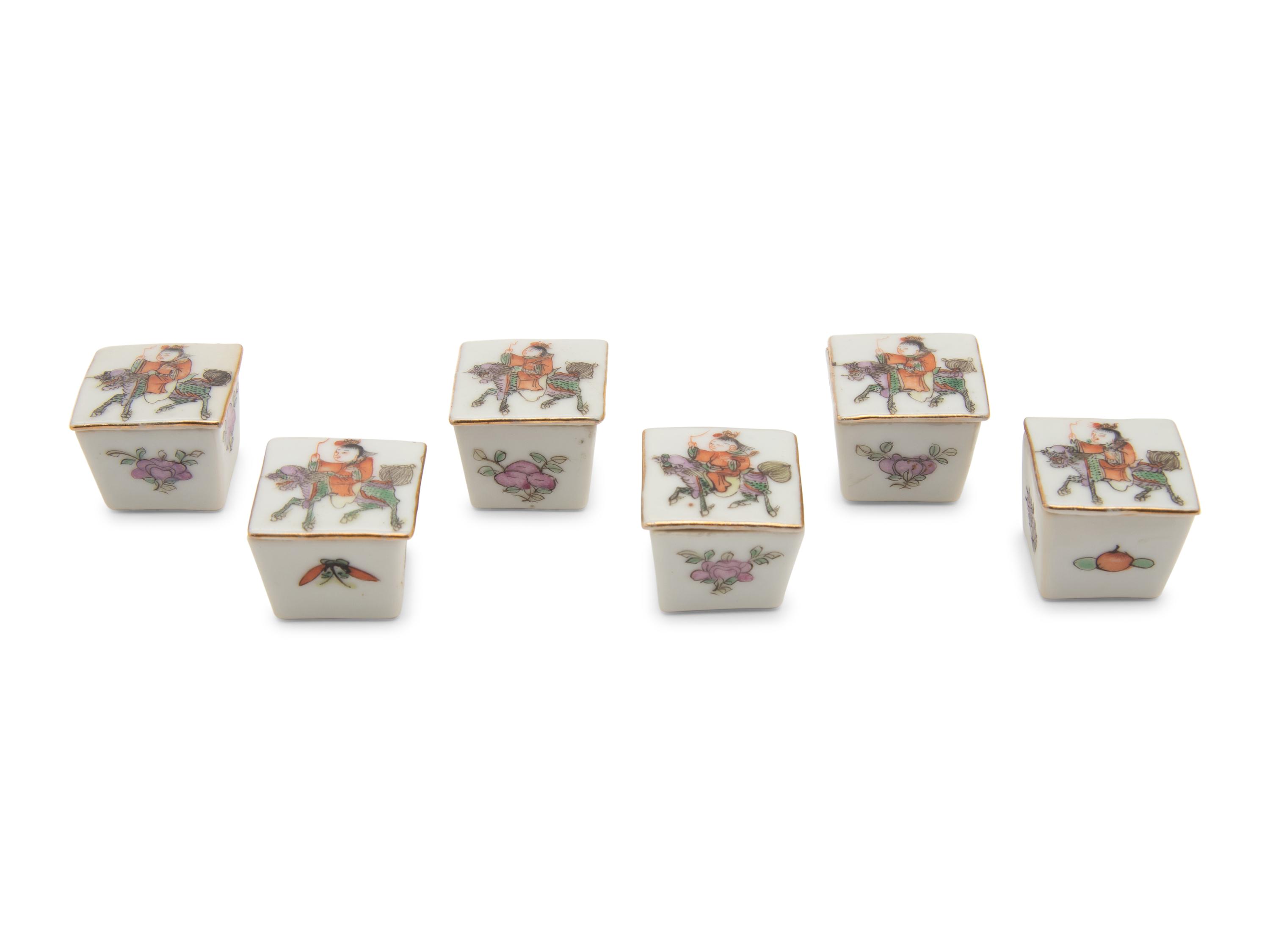 A Set of Six Small Chinese Famille Rose Porcelain Covered Boxes