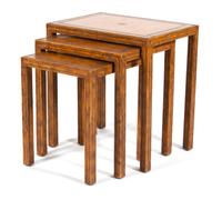 A Nest of Three Stitched Leather-Clad Tables Largest, height 22 1/4 x width 21 x depth 15 inches. — 20TH CENTURY