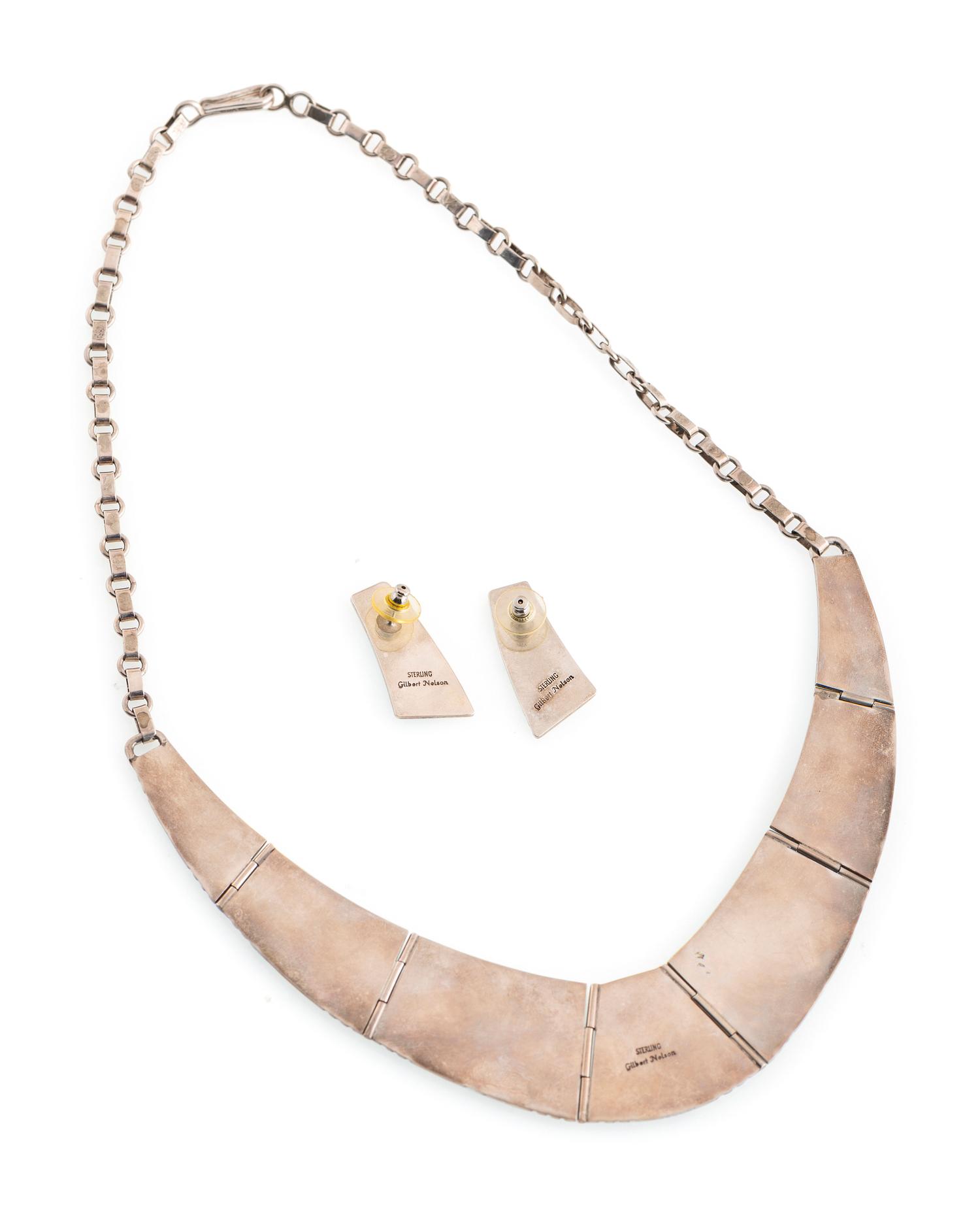 Sterling Silver and Channel Inlay Turquoise Necklace and Post Earring Set
