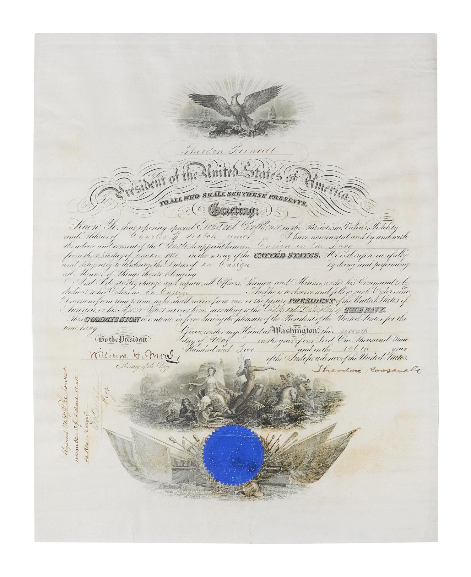 ROOSEVELT, Theodore (1858-1919). Engraved document signed as President (“Theodore Roosevelt”), countersigned by William H. Moody, Secretary of the Navy, 7 May 1902.