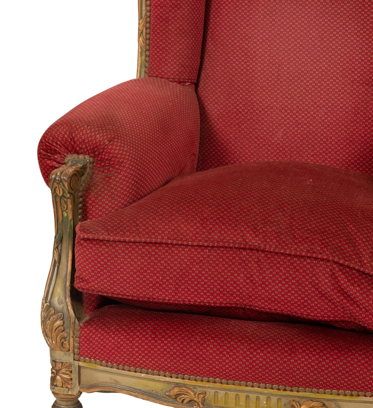 A Pair of Louis XVI Style Painted and Parcel Gilt Bergères à Oreille Attributed to Maison Jansen