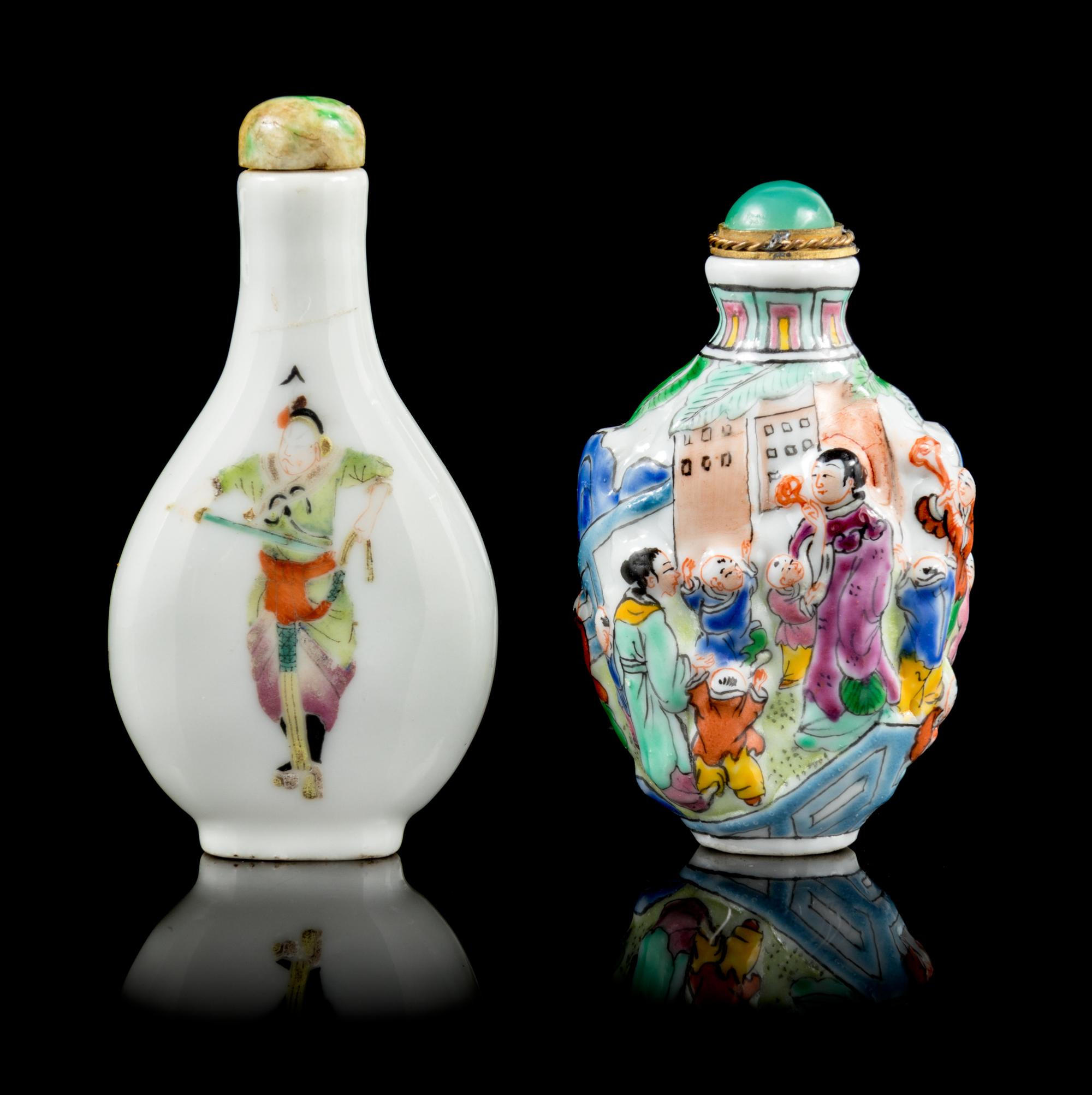 Two Famille Rose Porcelain Snuff Bottles Height of taller 3 1/8 inches. — 19TH-20TH CENTURY