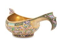 A Large Russian Shaded Enamel Silver-Gilt Kovsh