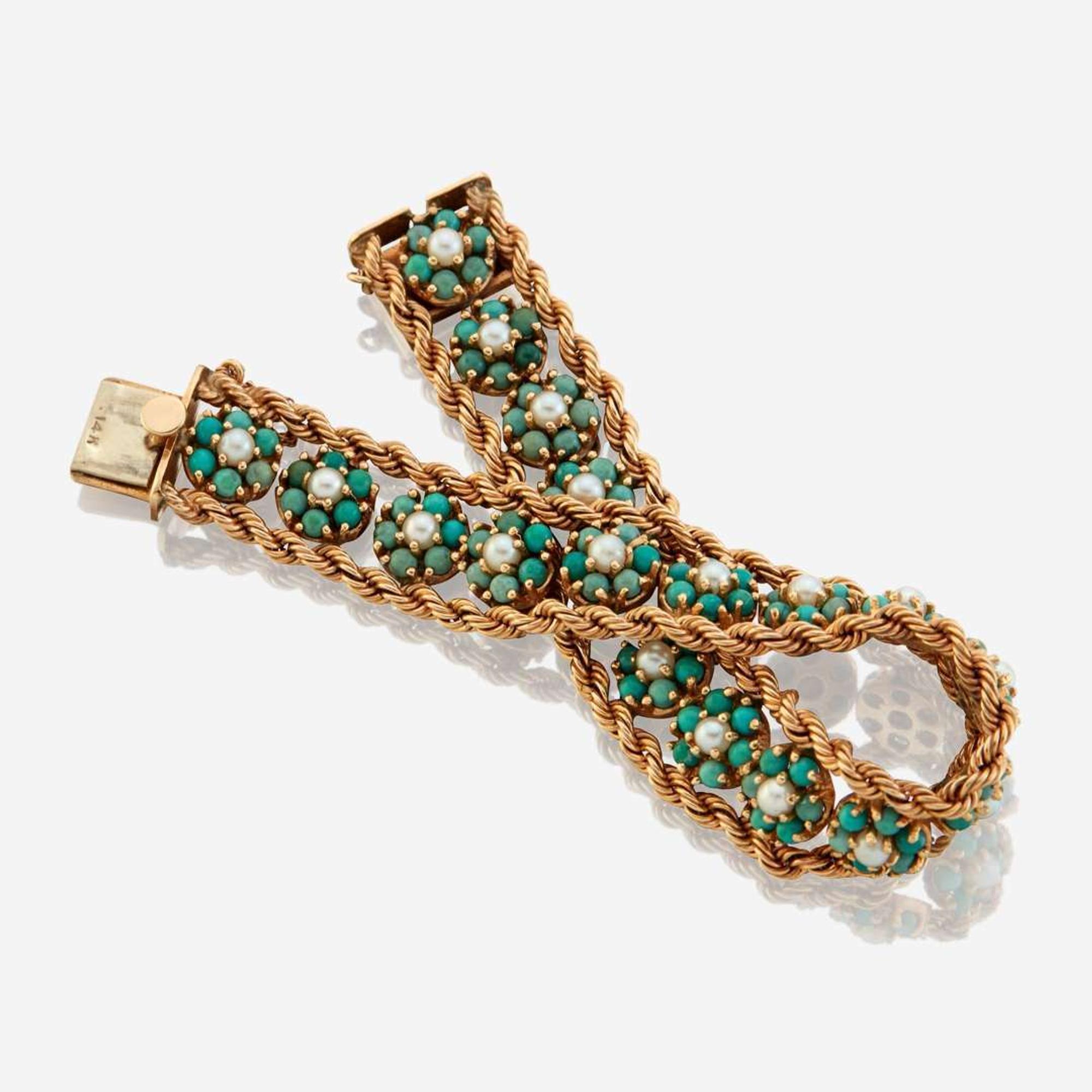 A gold, turquoise, and cultured pearl bracelet