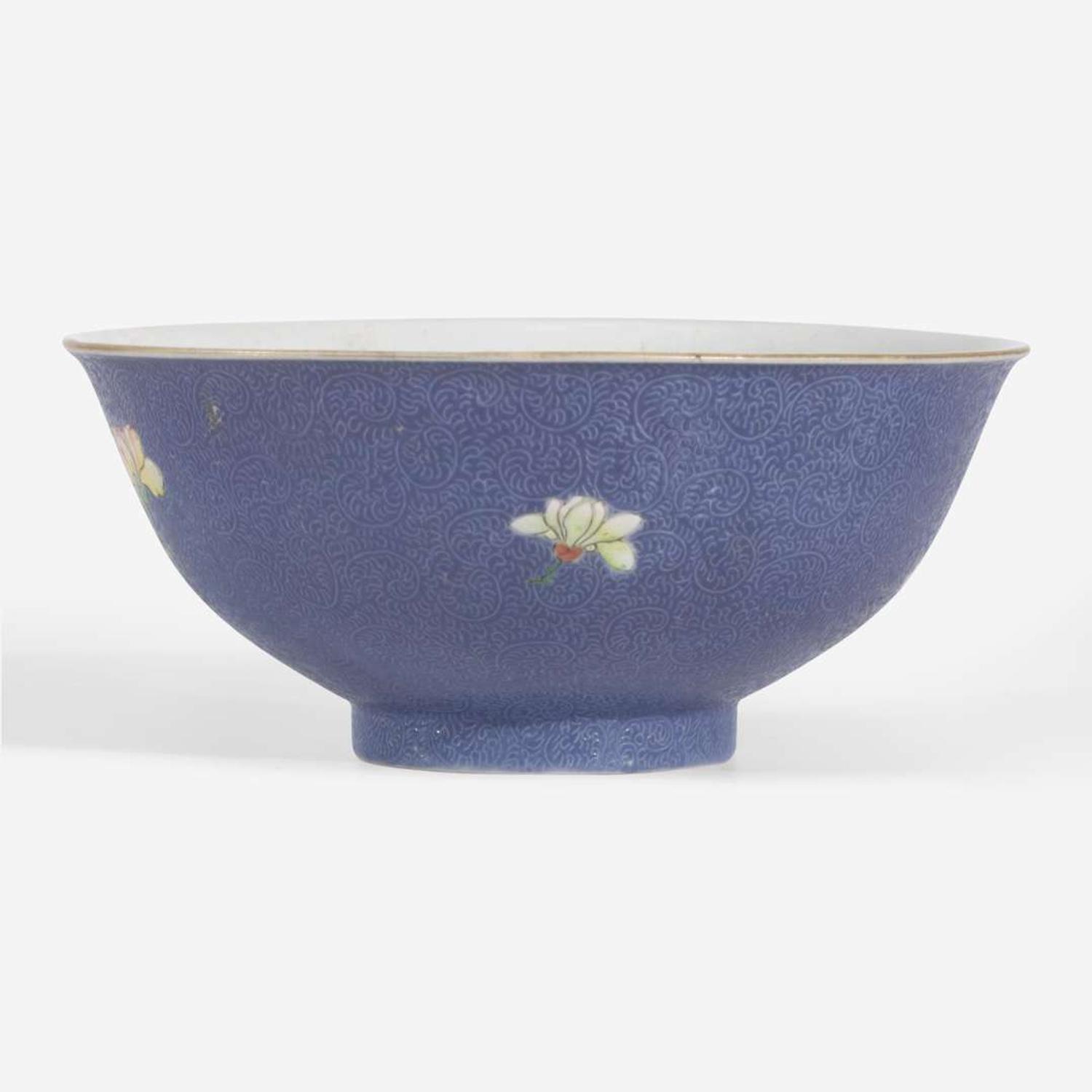 A Chinese blue sgraffito-ground famille rose "Peony” bowl 粉彩牡丹碗 Qianlong six-character seal mark ?????