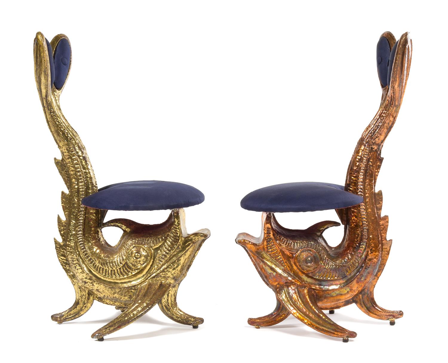 A Pair of Copper and Brass Tone Metal Figural Chairs Height 37 3/4 inches. — ANDRE LAVRAT, MID 20TH CENTURY