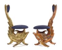 A Pair of Copper and Brass Tone Metal Figural Chairs Height 37 3/4 inches. — ANDRE LAVRAT, MID 20TH CENTURY