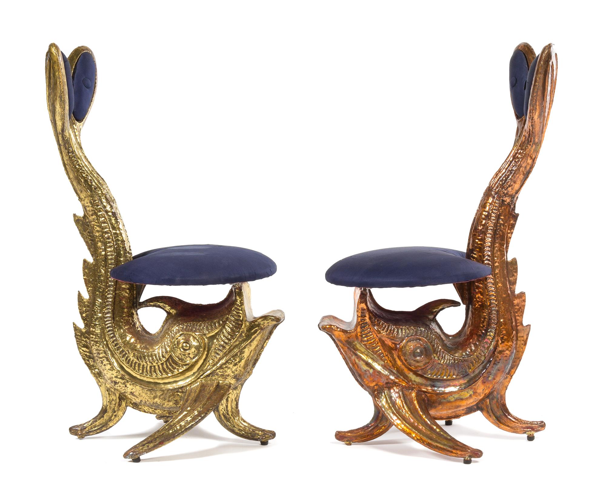 A Pair of Copper and Brass Tone Metal Figural Chairs Height 37 3/4 inches. — ANDRE LAVRAT, MID 20TH CENTURY