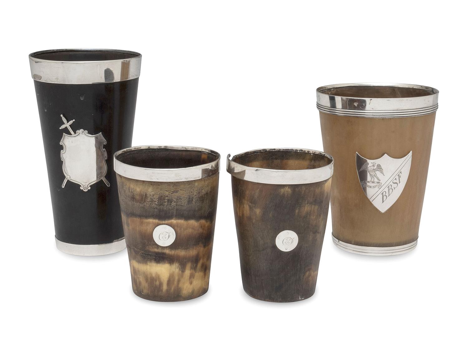 Four Silver Mounted Horn Beakers