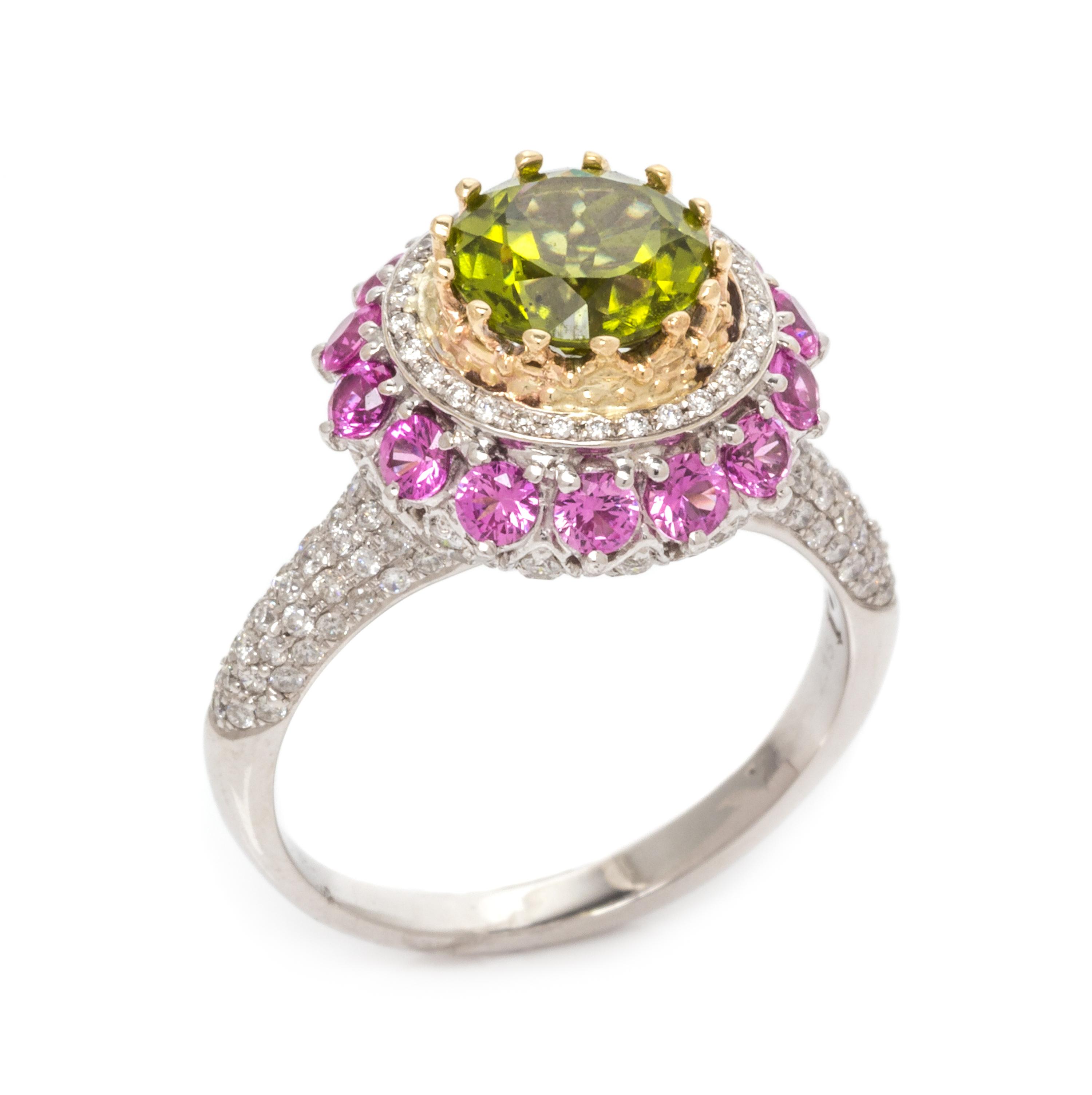 A Platinum, Yellow Gold, Peridot, Pink Sapphire and Diamond Ring, 4.30 dwts.