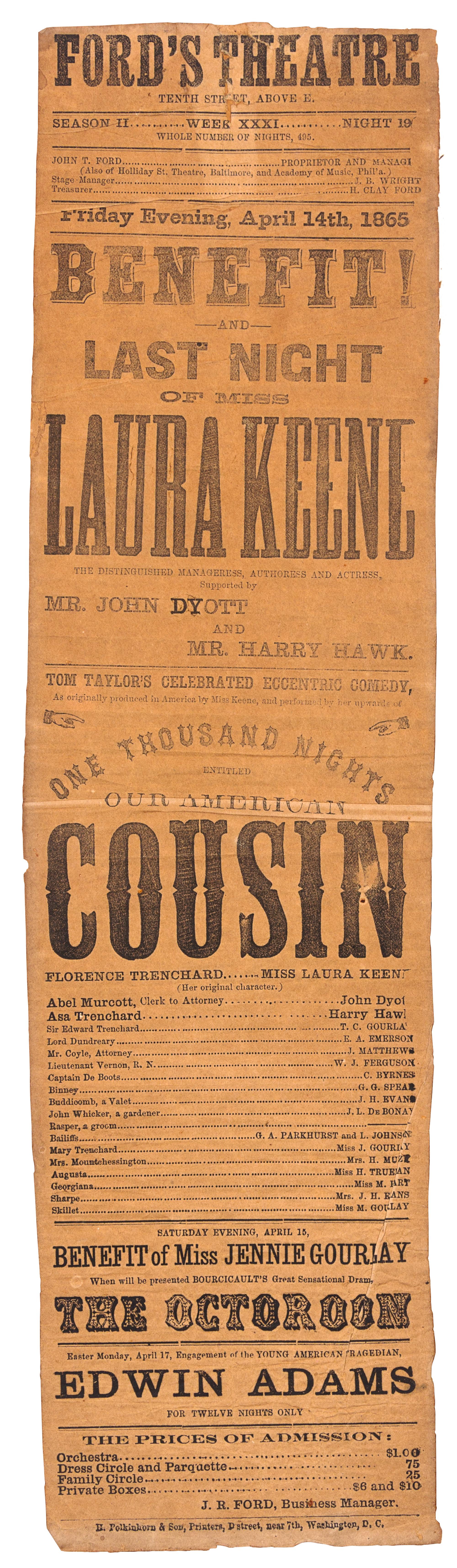 [LINCOLN, Abraham -- ASSASSINATION]. Ford's Theatre...Friday Evening, April 14th, 1865. Contemporary reprint. Washington, D. C.: H. Pol