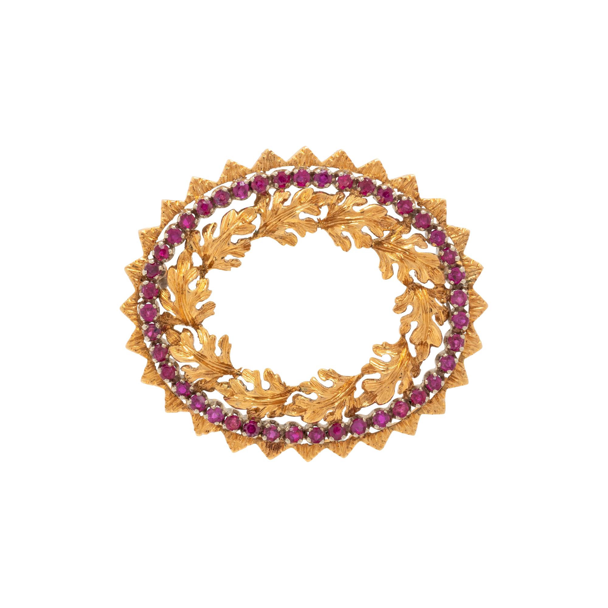 GOLD AND RUBY LEAF BROOCH
