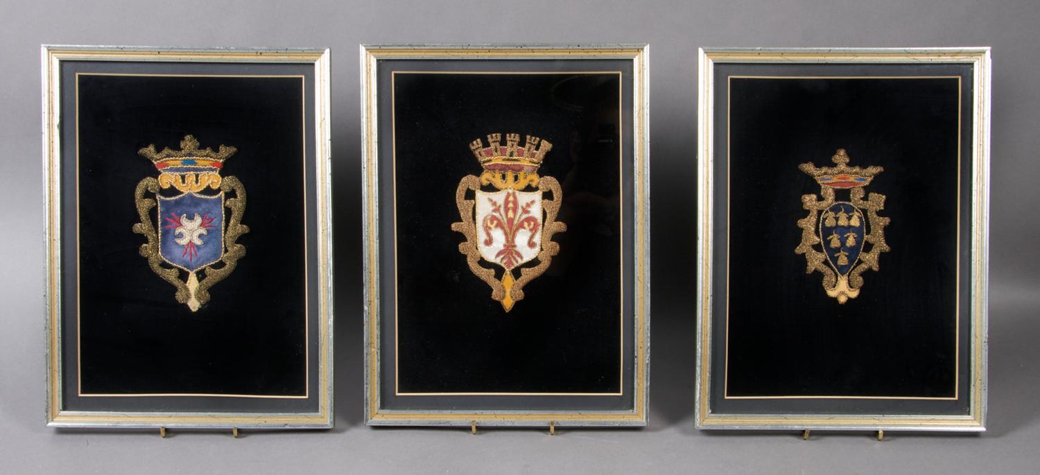 A Group of Three Woven Coats of Arms, Height 12 3/4 x width 9 3/4 inches overall.