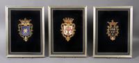 A Group of Three Woven Coats of Arms, Height 12 3/4 x width 9 3/4 inches overall.