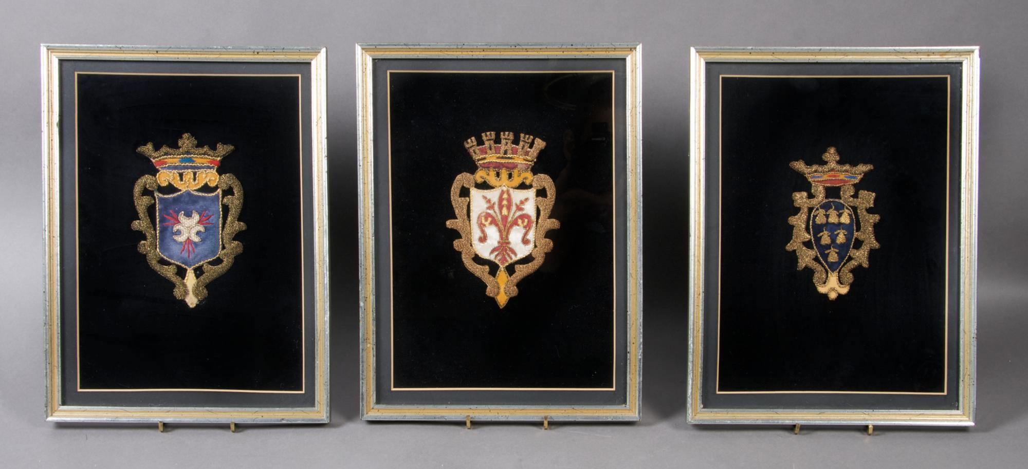 A Group of Three Woven Coats of Arms, Height 12 3/4 x width 9 3/4 inches overall.