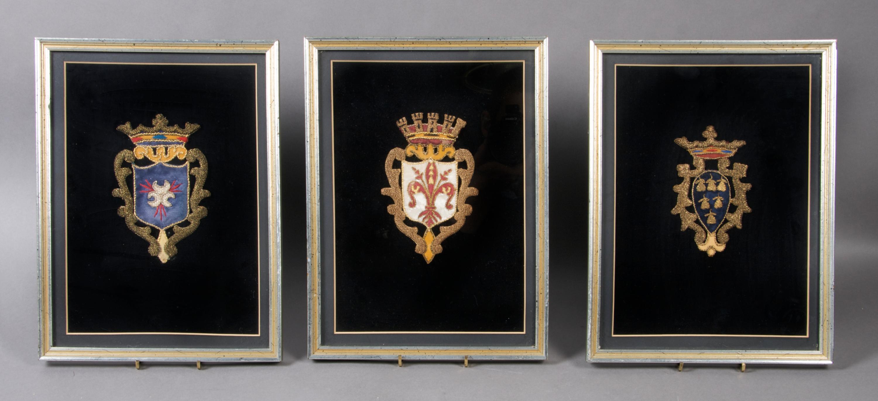 A Group of Three Woven Coats of Arms, Height 12 3/4 x width 9 3/4 inches overall.