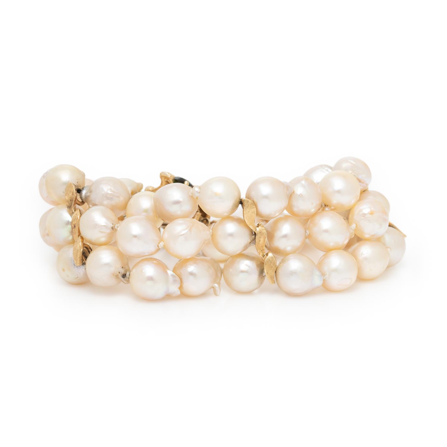 Cultured Pearl, Tourmaline, and Yellow Gold Bracelet