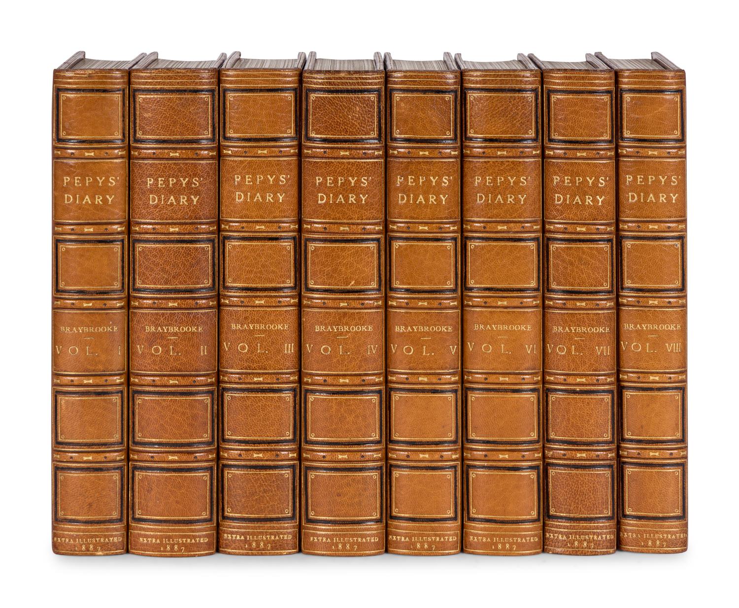 [BINDINGS]. PEPYS, Samuel (1633-1703). Diary and Correspondence of Samuel Pepys... The Diary Deciphered by the Rev. J. Smith... Life and Notes by Rochard, Lord Braybrooke . Richard Lord Braybrooke, editor. London: John Bumpus, 1887.