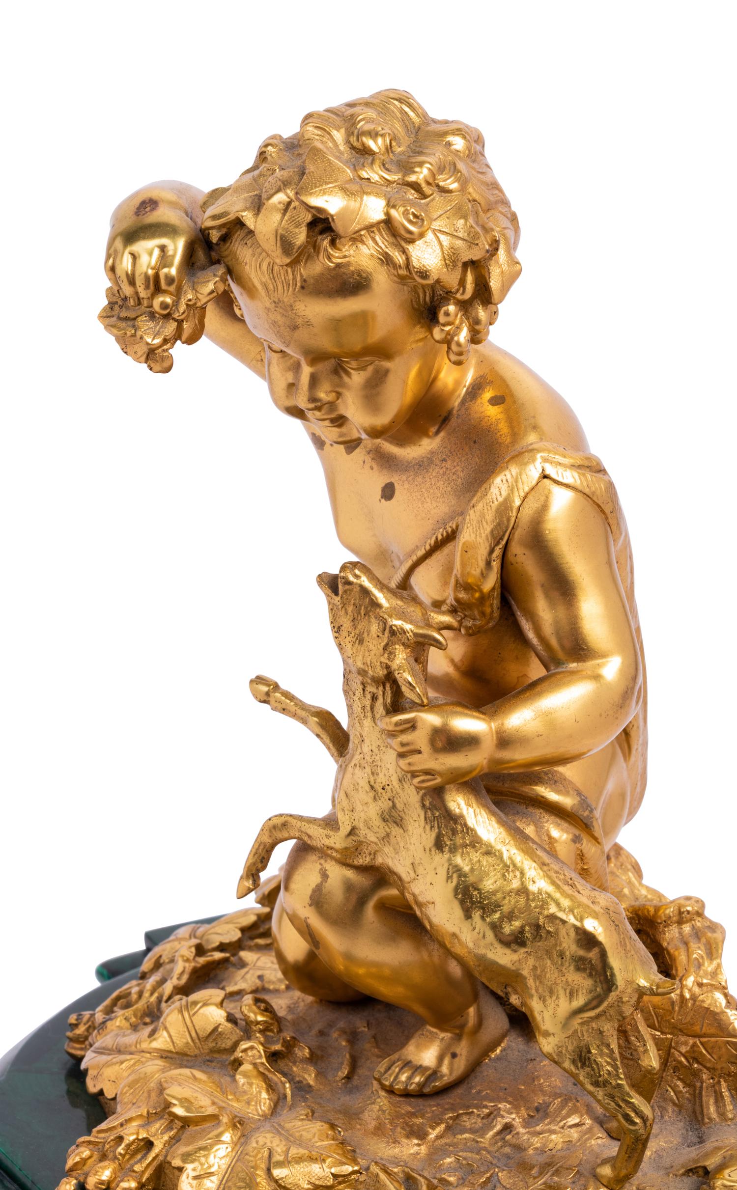 A Louis XVI Style Gilt Bronze and Malachite Veneered Mantel Clock