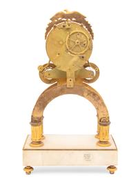 A Directoire Ormolu, Enamel and White Marble Skeleton Clock