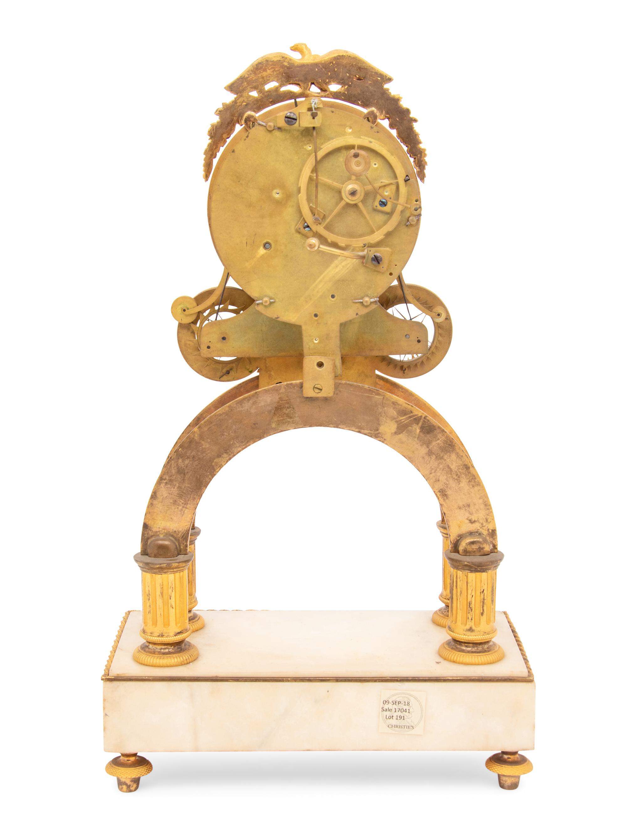 A Directoire Ormolu, Enamel and White Marble Skeleton Clock