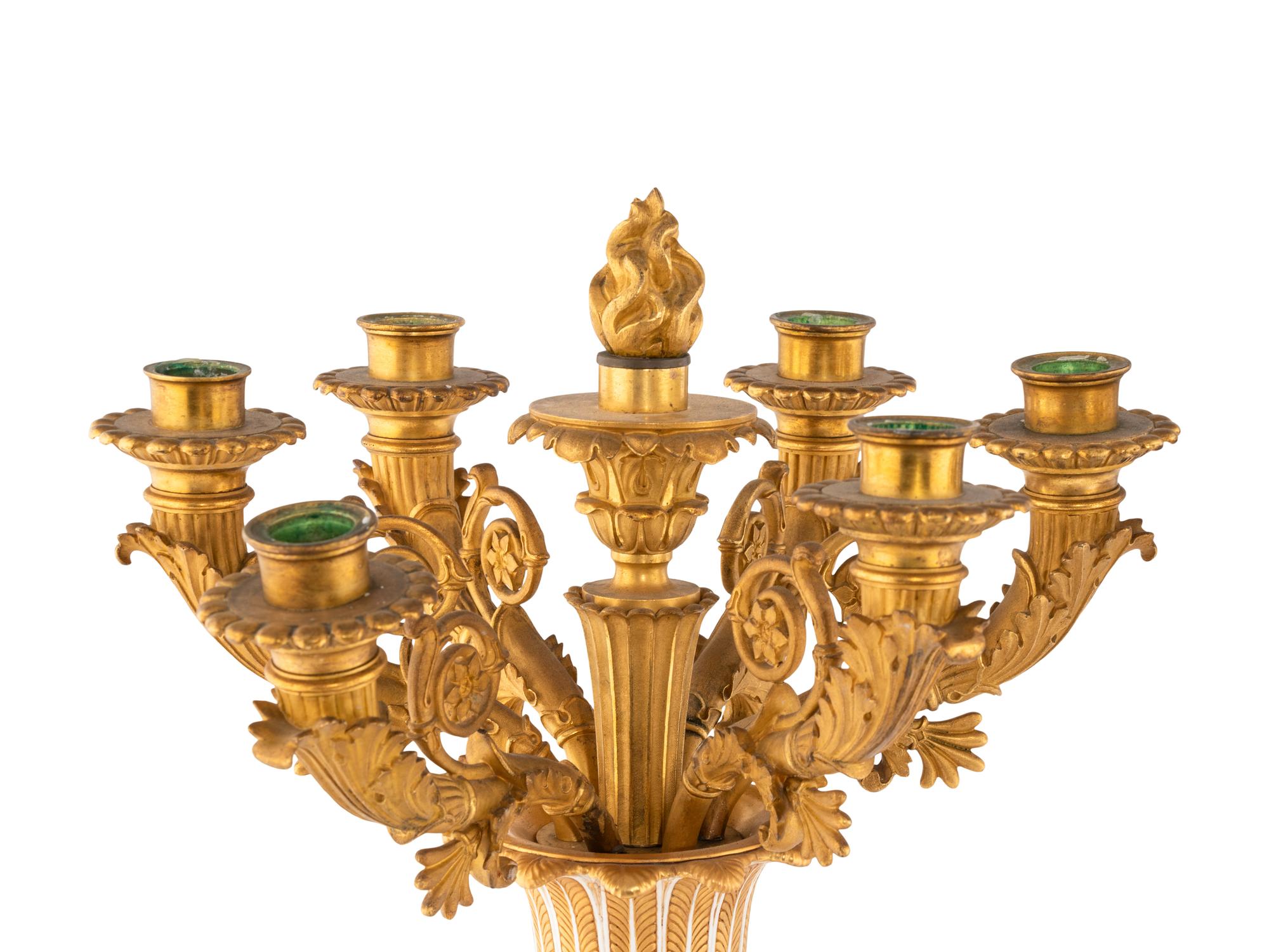 A Pair of Empire Gilt Bronze Mounted Porcelain Six-Light Candelabra
